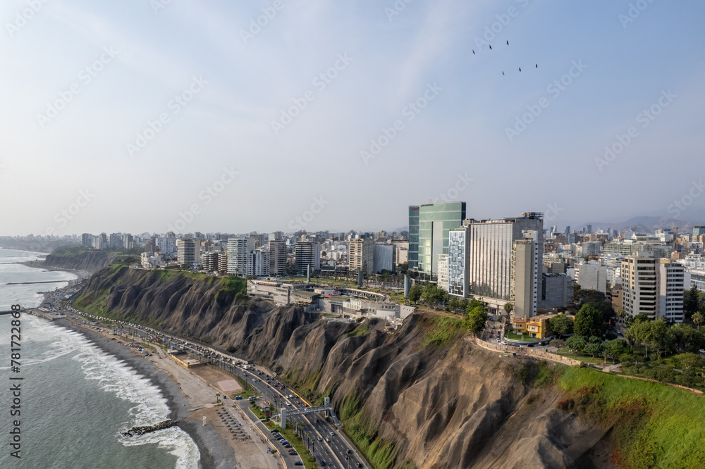 Aerial view of La Costa Verde and the Miraflores boardwalk in Lima Aerial view of La Costa Verde and the Miraflores boardwalk in Lima
