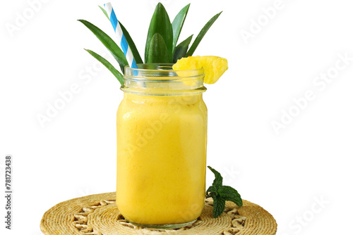 fresh pineapple juice with whole pineapple fruit cutout in transparent background,png format        photo