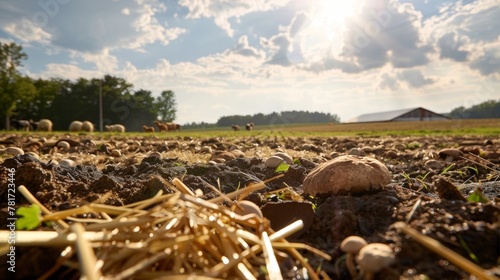 A rich dark soil bed is covered in a layer of straw with small mushroom pins peeking through. The farm in the background is a bustling hub of sustainable agriculture with animals grazing . photo