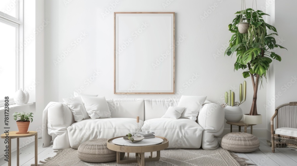 mock poster frame with modern interior background , living room , Scandinavian style , 3D render. mock poster frame with modern interior background , living room , Scandinavian style , 3D render.