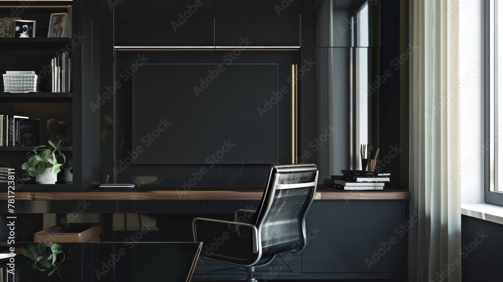 In the second image a glossy black accent wall adds depth to a home office. The glossy finish reflects light and creates a sense of dimension making the wall appear to recede into . In the second image a glossy black accent wall adds depth to a home office. The glossy finish reflects light and creates a sense of dimension making the wall appear to recede into .