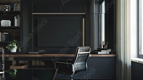 In the second image a glossy black accent wall adds depth to a home office. The glossy finish reflects light and creates a sense of dimension making the wall appear to recede into . photo