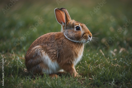 side portarit of rabbit in the grass in blur background  photo