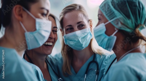 A group of nurses huddled together in conversation their masks slightly pushed aside revealing genuine smiles and animated expressions as they discuss their patients wellbeing. .
