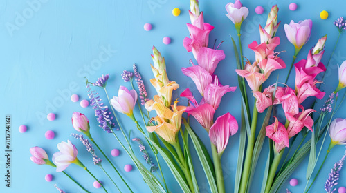 A joyful spring composition with tulips, gladioli, and candy eggs on a blue backdrop, suggesting Easter celebrations.