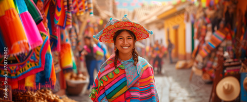 Beautiful Peruvian woman dressed in her typical costume smiles looking at the camera with depth of field. photo