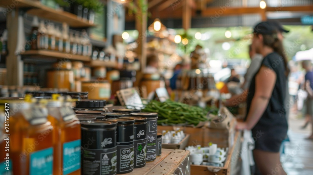 Obraz premium In a small familyowned market a display of products made from plantbased materials such as biofuel byproducts catches the eye of customers. The market prides itself on supporting local .