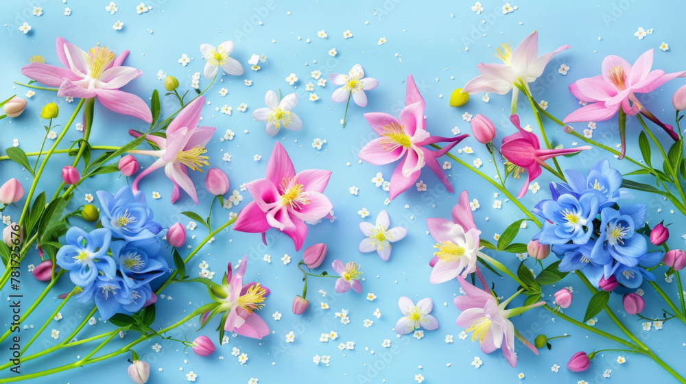A beautiful array of pink and blue flowers with delicate white blossoms scattered on a pastel blue backdrop, conveying a serene and fresh atmosphere.