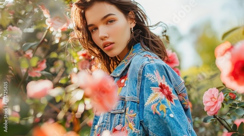 Radiant Young Woman in Floral Denim Jacket Among Blossoming Flowers
