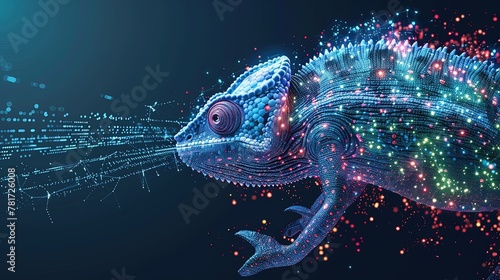 Digital chameleon in neon colors. Big data visualization. Information aesthetic design. Animal learning. Generative AI