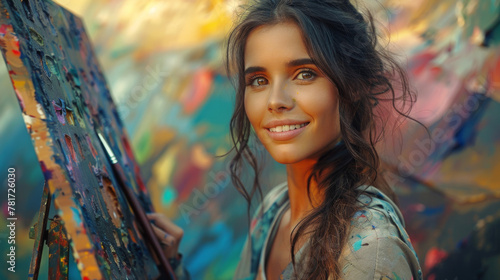 Female artist with brush and paint palette on color background.