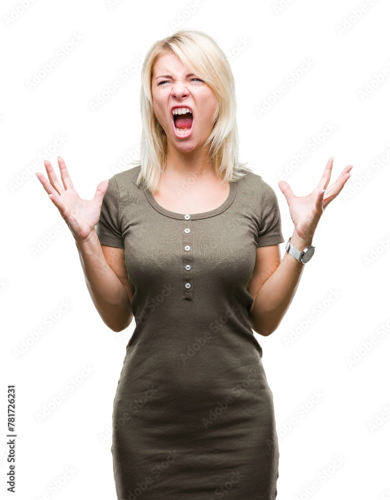 Young beautiful blonde woman over isolated background crazy and mad shouting and yelling with aggressive expression and arms raised. Frustration concept. Young beautiful blonde woman over isolated background crazy and mad shouting and yelling with aggressive expression and arms raised. Frustration concept.