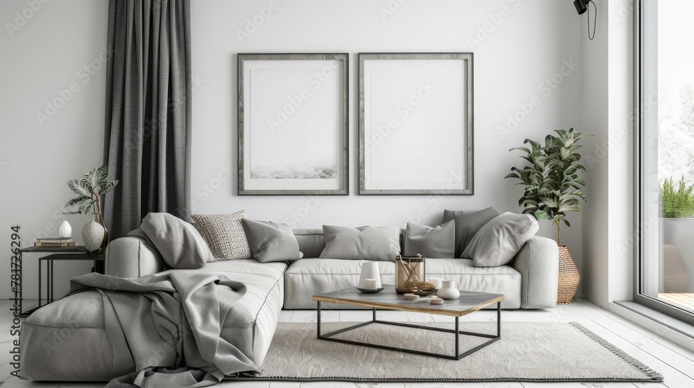 mock poster frame with modern interior background , living room , Scandinavian style , 3D render. mock poster frame with modern interior background , living room , Scandinavian style , 3D render.
