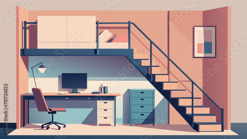 A small loft apartment with a lofted bed above and a compact office space underneath featuring a foldout desk and storage cabinets cleverly