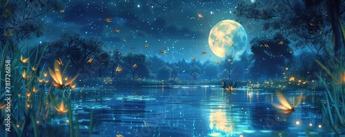 Creating a magical nocturnal landscape, a serene river reflects the full moon's glow, with butterflies dancing above the water's surface. photo