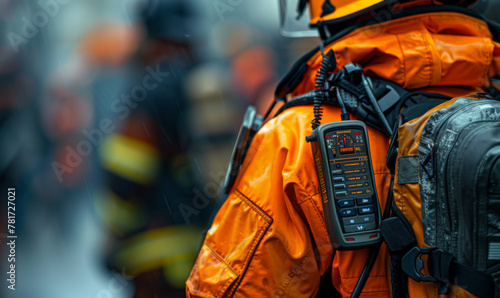 Focused rescue worker equipped with an orange safety suit and communication radio during an operation. photo