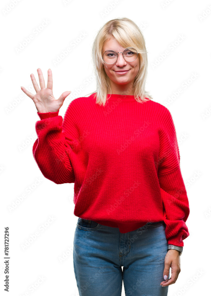 Young beautiful blonde woman wearing sweater and glasses over isolated background showing and pointing up with fingers number five while smiling confident and happy. Young beautiful blonde woman wearing sweater and glasses over isolated background showing and pointing up with fingers number five while smiling confident and happy.
