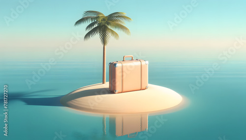  A large vibrant suitcase in small sandy island surrounded by clear blue water.