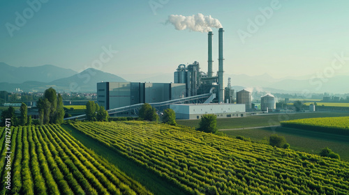ustrial factory located in the heart of green agricultural fields, symbolizing balance between industry and agriculture. photo