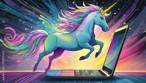A unicorn jumping out of a laptop screen surrounded by a spectrum of colors.
