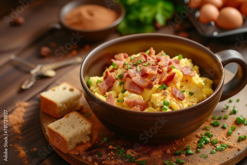 "Breakfast with scrambled eggs, bacon and cocoa"