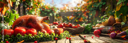 Autumnal Harvest Scene with Seasonal Vegetables and Fruits, A Rustic Display Celebrating the Bounty of Fall, Ideal for Thanksgiving photo