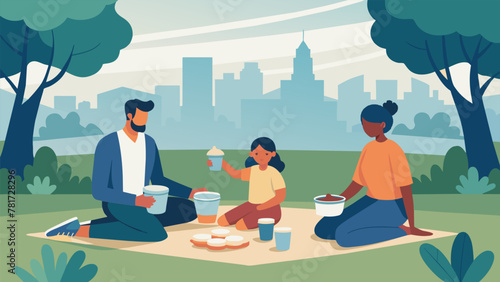 A family having a picnic in the park with reusable containers instead of disposable ones showcasing the importance of reducing singleuse