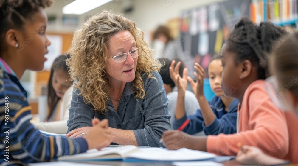 In the foreground a female teacher leans over a students desk pointing to a diagram in their workbook and asking thoughtprovoking questions. In the background other students eagerly .