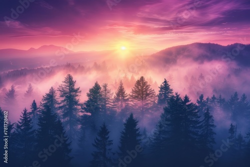 A breathtaking landscape of the Rocky Mountains at sunrise   Majestic sunrise over misty forest  hues of purple and pink in sky  silhouette of pine trees creates mystical landscape.