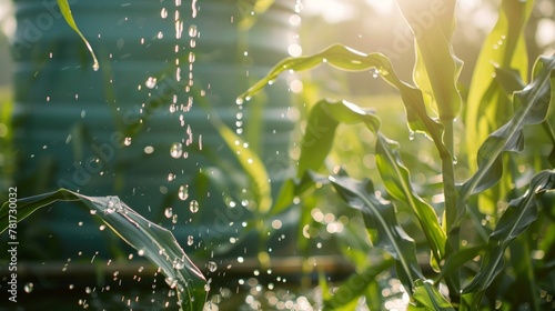 Rainwater drips onto a of tall corn stalks as they sway gently in the breeze. In the background a large tank sits atop a wooden platform collecting the precious water that will eventually .