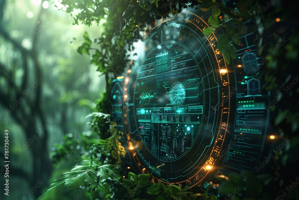 Futuristic AI interfaces merged with sustainable technology ...