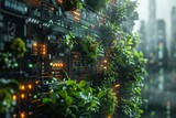 Futuristic AI interfaces and sustainable tech through eye of high-tech. Dense server racks with foliage overgrowth, illuminate a stark contrast between nature and technology in an urban setting.