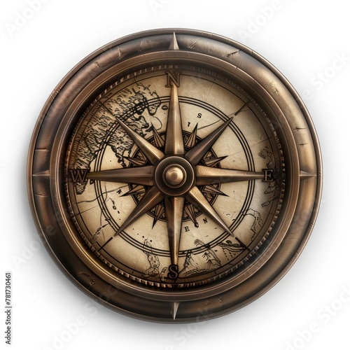 A 3D compass icon antique brass design with a detailed face pointing north