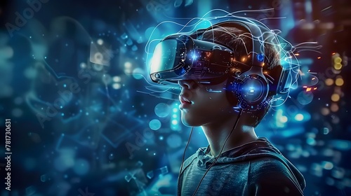 Wallpaper Mural A teenager wearing a brain-computer interface with electrodes, immersed in a virtual reality game, showcasing the convergence of the human mind and technology. Torontodigital.ca