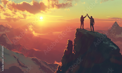 two couple hikers helping each other climbing a mountain at sunset, People giving a helping hand , active sport concept,demonstrating strength and determination, concept of supportive friend