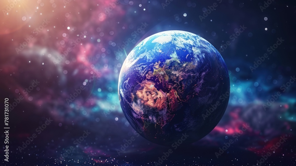 Interactive 3D globe icon with spinning motion stars and galaxy background