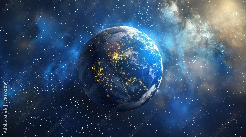 Obraz premium Interactive 3D globe icon with spinning motion stars and galaxy background