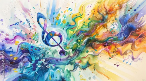 An artistic watercolor painting of a 3D treble clef surrounded by a cascade of colorful notes photo