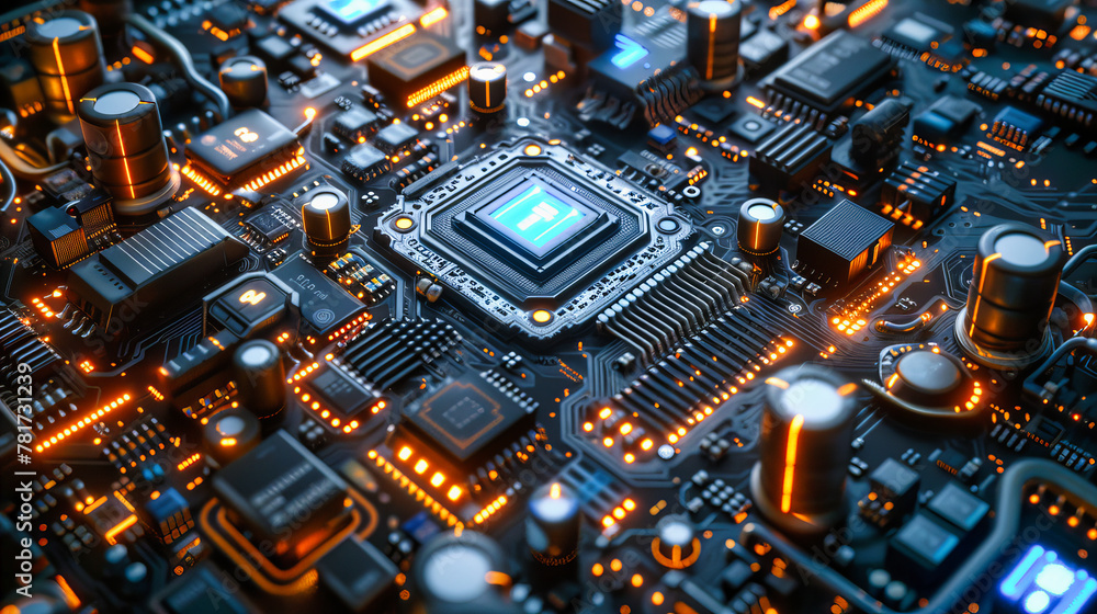 Blue Digital Processor and Circuit Board, Abstract Technology and Computer Engineering Background, Futuristic Design Concept