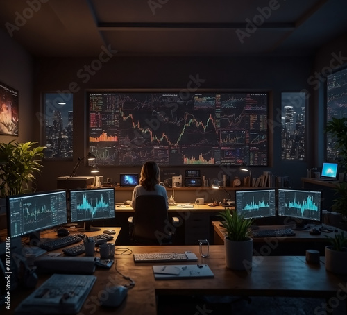 A woman working in the finance sector. She is monitoring digital data on her monitors showing economic movements and fluctuations in the stock market.