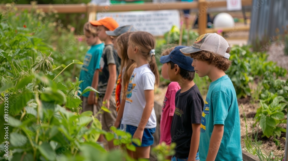 Fototapeta premium A group of children explore the biofuel farm learning about the different types of plants and their role in sustainable farming practices. In the background a sign explains the concept .