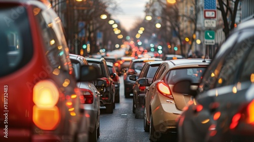 A busy street filled with cars but the signs above each car indicate that they are using biofuels instead of traditional fossil fuels. The image highlights the potential for biofuels . © Justlight