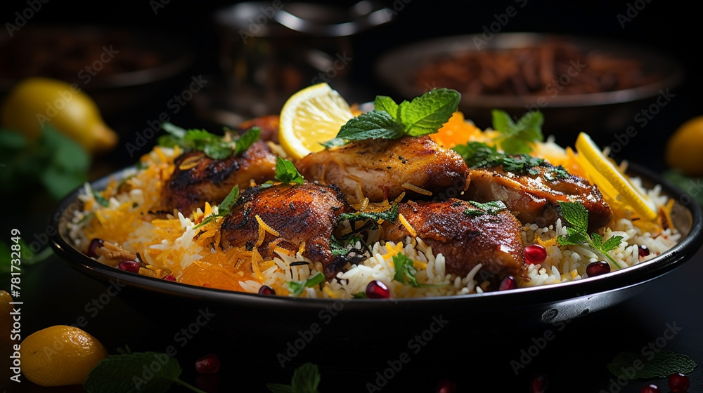 Wide photograph of delicious biriyani dish on a restaurant table in dark background Wide photograph of delicious biriyani dish on a restaurant table in dark background