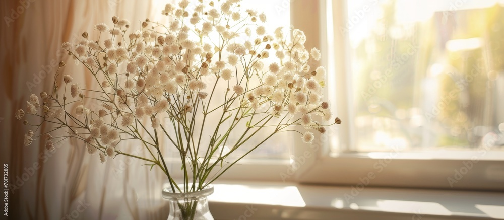 A glass vase filled with colorful flowers sits on a wooden window sill bathed in sunlight A glass vase filled with colorful flowers sits on a wooden window sill bathed in sunlight