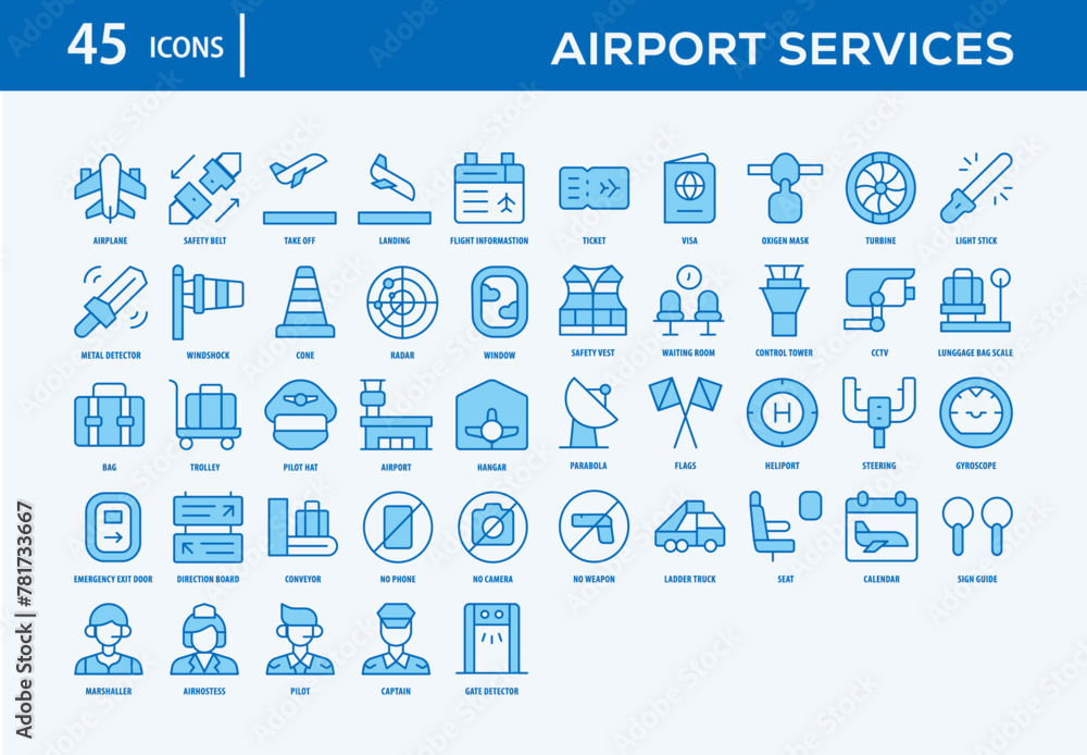 Airport Services Icons Collection For Business, Marketing, Promotion In Your Project. Easy To Use, Transparent Background, Easy To Edit And Simple Vector Icons