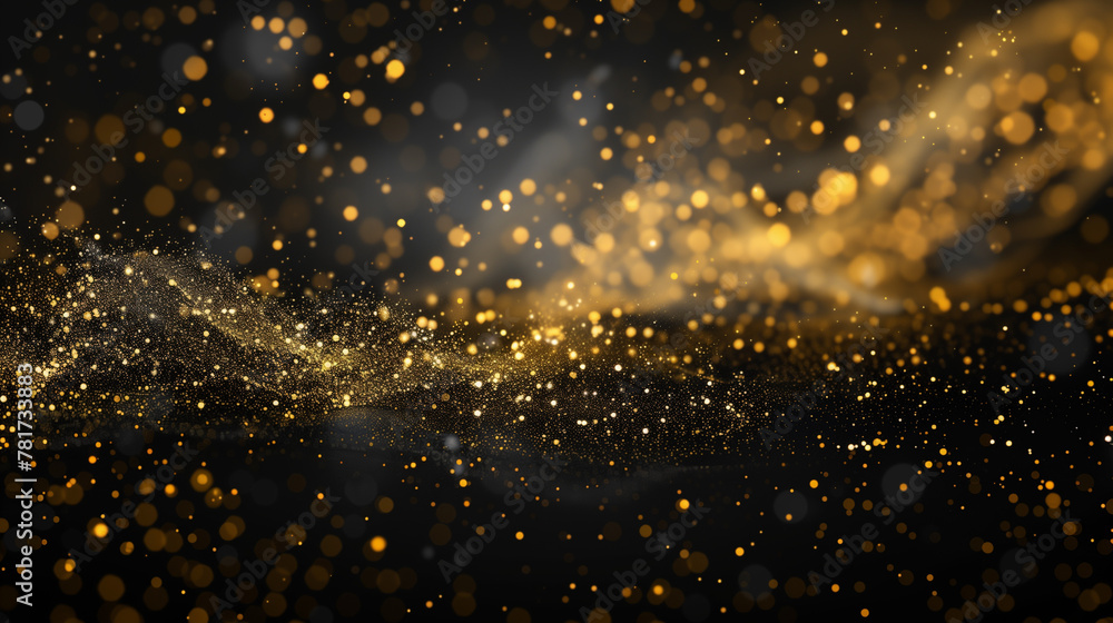 Black background with gold glitter falling on it, gold particles, vector illustration, flat design, high resolution, high detail, Defocused Lights, Glittering magenta gold confetti on black isolated.