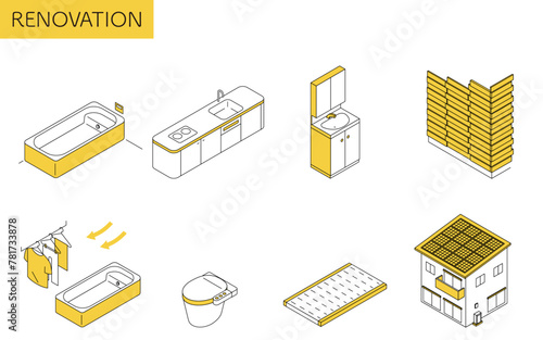 Simple isometric illustration of home remodeling, system bath, system kitchen, solar power generation, etc