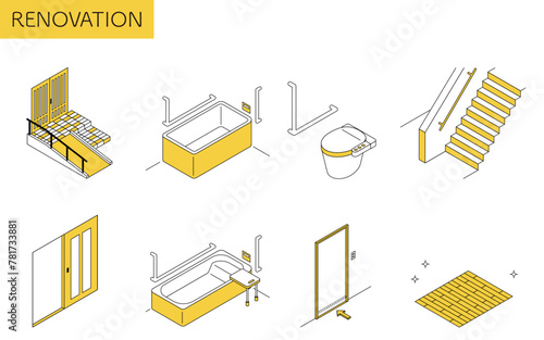 Home remodeling, nursing home remodeling eligible for nursing home insurance and subsidies, simple isometric illustration