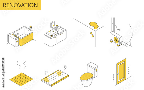 Home renovation, replacement or repair of old equipment, simple isometric illustration