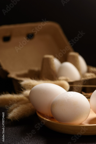 Fresh white organic eggs of the Leghorn breed from local farms raised in an open system. Ingredients for cooking healthy food